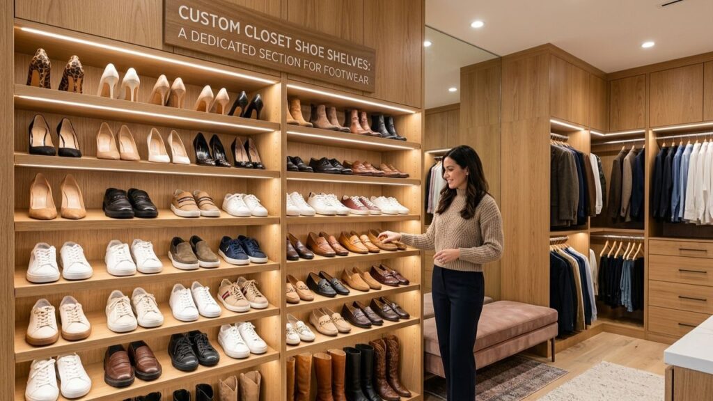 Custom Closet Shoe Shelves: A Dedicated Section for Footwear