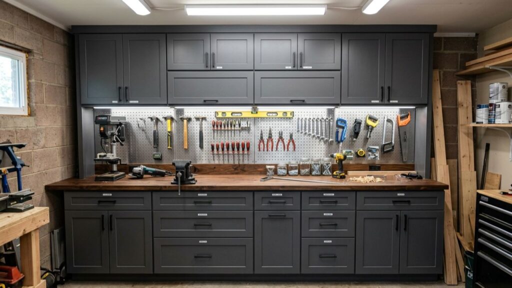 Garage Workbench With Built-In Cabinetry