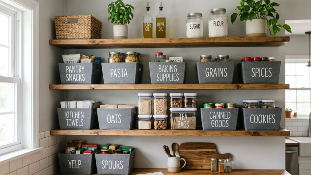 Open Shelving With Labeled Storage Bins